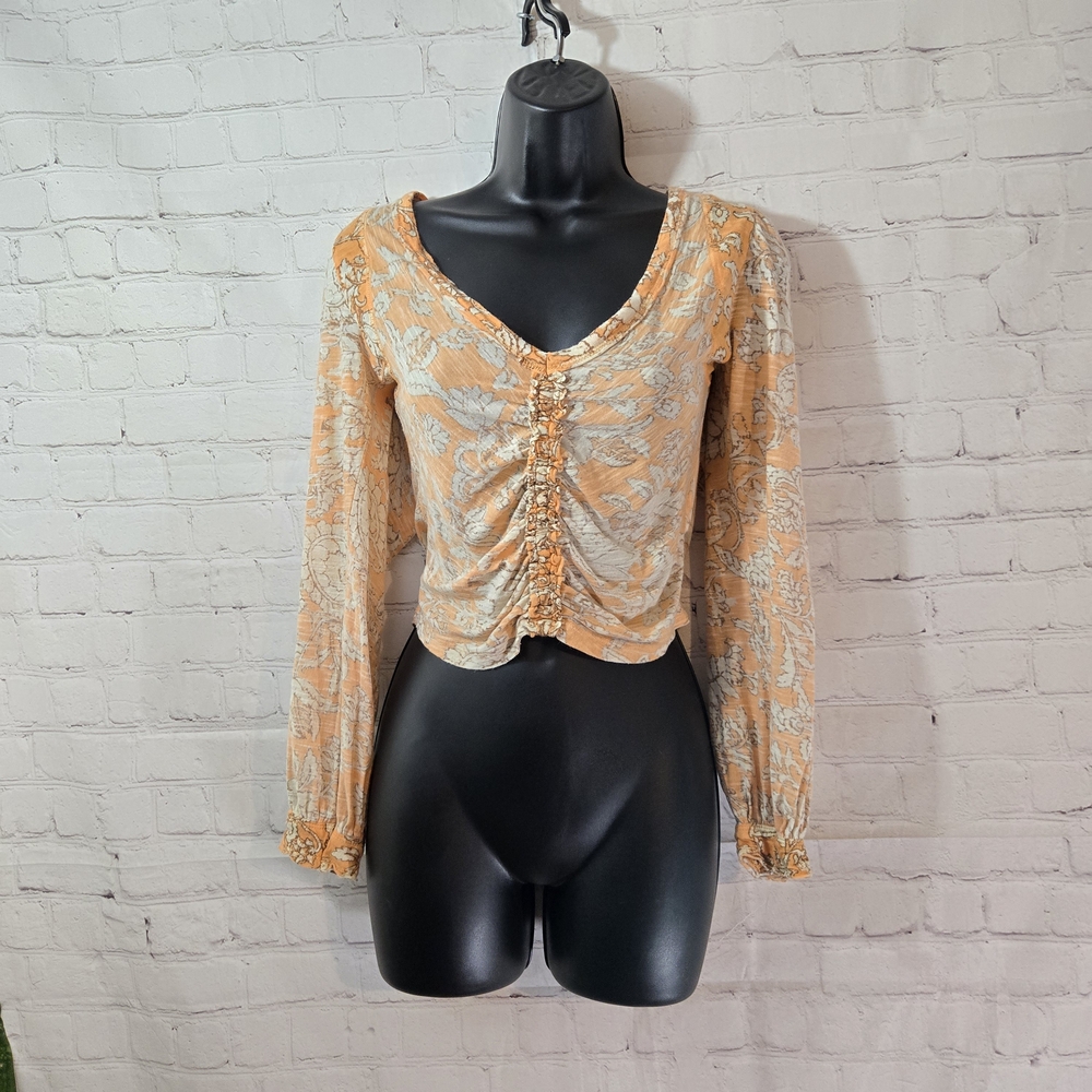 Free People Ruched Top Say the Word Floral Long Sleeve Size XS Boho Hippie
